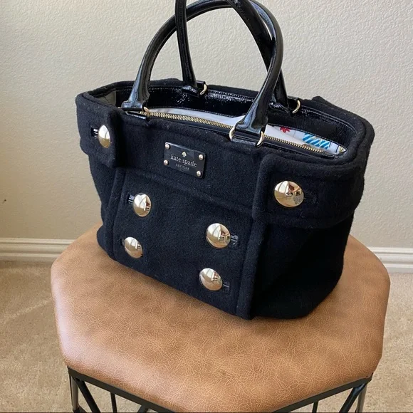 Kate Spade Womens Black Wool Bag Tote Satchel Handbag - Picture 2 of 8